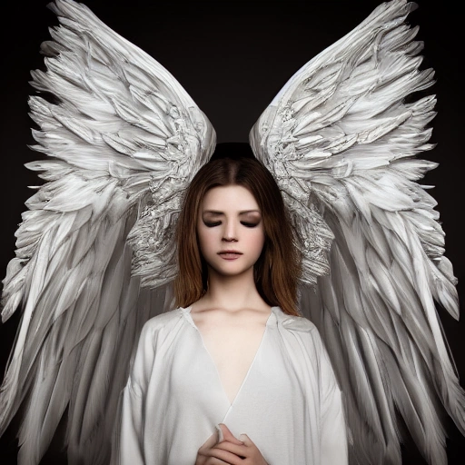 hyper detailed of a beautiful white shinning angel with two wings, dramatic pose, perfect face sad, crying tears, intricate details, 8 k, hd, cinematic, volumetric light, proportional,  sharp focus, studio photo, intricate details, highly detailed