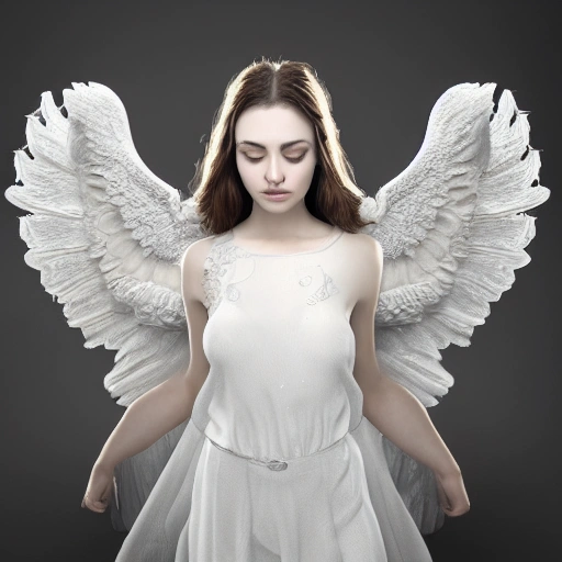 hyper detailed of a beautiful white shinning angel with two wings, crying tears, pose, perfect face, sad, intricate details, 8 k, hd, cinematic, volumetric light, proportional,  sharp focus, studio photo, intricate details, highly detailed