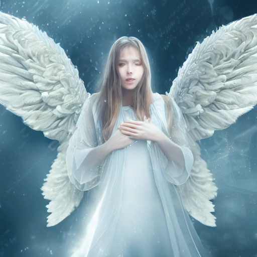 hyper detailed of a beautiful white shinning angel with two wings, crying blue tears,  perfect face, sad, intricate details, 8 k, hd, cinematic, volumetric light, proportional,  sharp focus, studio photo, intricate details, highly detailed