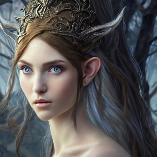 Elven girl portrait, highly detailed ears, black and windblown h ...