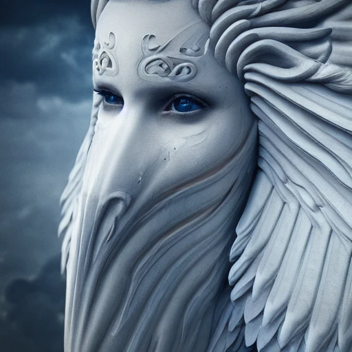 hyper detailed of a beautiful whit face of an angel two wings,  eyes crying blue tears,  perfect face, sad, with leather armor,  details, 8 k, hd, cinematic, volumetric light, proportional,  sharp focus, studio photo, intricate details, highly detailed