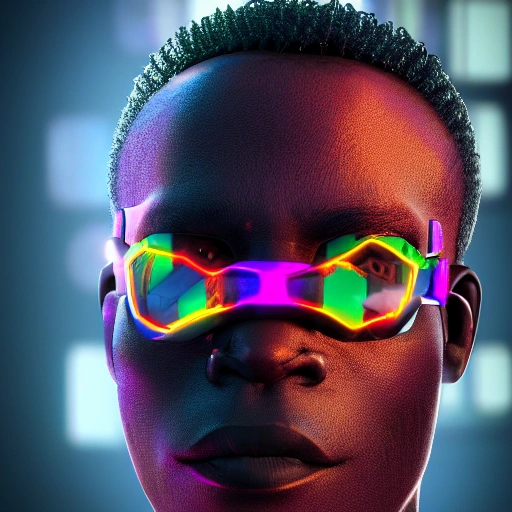 side close up portrait of african cyberpunk man, detailed face, spotlight, cyberpunk city, wired, multicolored, vibrant high contrast, hyperrealistic, photografic, 8k, epic ambient light, octane render