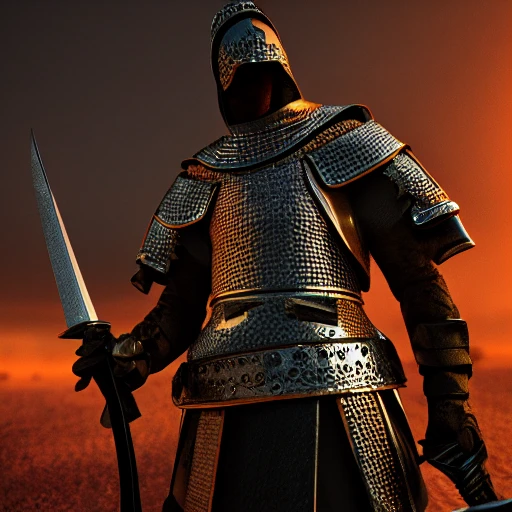 knights templar holding sword, detailed face, spotlight, middle-eastern battle field, wired, multicolored, vibrant high contrast, hyperrealistic, photografic, 8k, epic ambient light, octane render