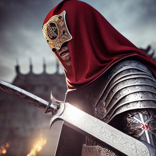 knights templar holding templar sword, detailed face, spotlight, middle-eastern battle field, wired, multicolored, vibrant high contrast, hyperrealistic, photografic, 8k, epic ambient light, octane render