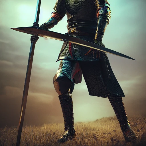 knights templar holding templar sword, detailed face, battle field, wired, multicolored, vibrant high contrast, hyperrealistic, photografic, 8k, epic ambient light, octane render, landscape, armies fighting