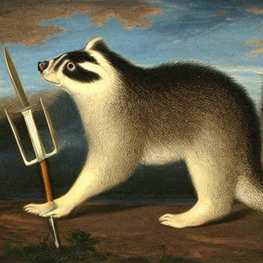 Badger, carrying swords, stood on hind legs, 
