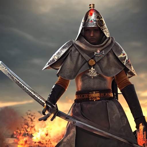 knights templar, holding templar sword, detailed face, battlefield, wired, multicolored, vibrant high contrast, hyperrealistic, photografic, 8k, epic ambient light, octane render, landscape, armies fighting
