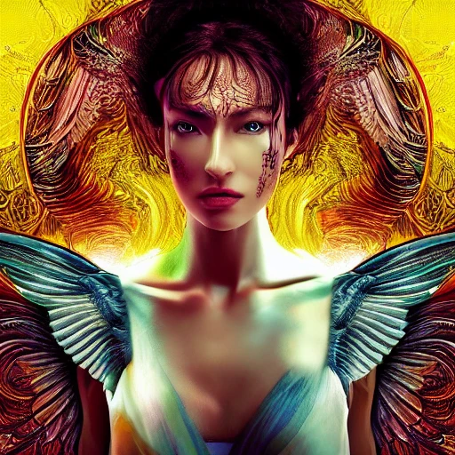 mdjrny-v4 style, complementary colours scheme!!, intricate, centred 3d render ultra detailed of a beautiful Nike mythology portrait woman with wings, 150 mm lense, beautiful studio soft light, rim dynamic light, vibrant details, luxurious futur antic, hyperrealistic, anatomical, facial muscles, blade runner atmosphere, elegant, by alphonse mucha, movie poster cover art style, 8k