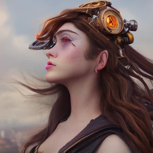 side close up portrait of 1 girl, steampunk, windblown long hair, detailed face, spotlight, steampunk city, multicolored, hyperrealistic, photografic, 8k, epic ambient light, octane render, Oil Painting