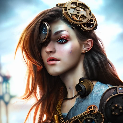 side close up portrait of 1 girl, steampunk, windblown long hair, detailed face, spotlight, steampunk city, multicolored, hyperrealistic, photografic, 8k, epic ambient light, octane render, Oil Painting, Cartoon