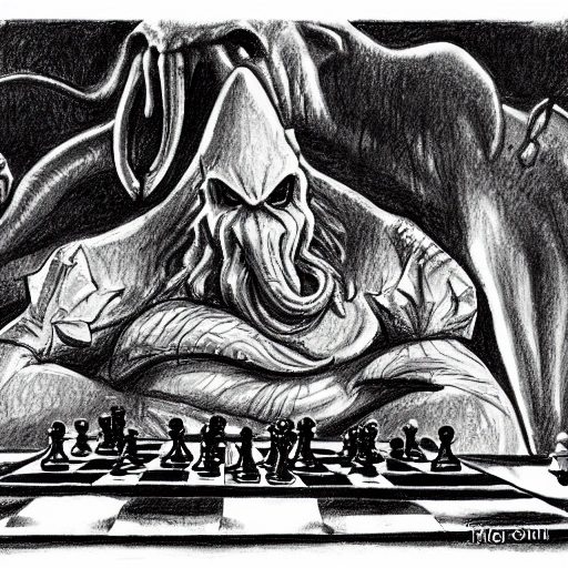 Cthulhu playing chess with Godzilla, Pencil Sketch