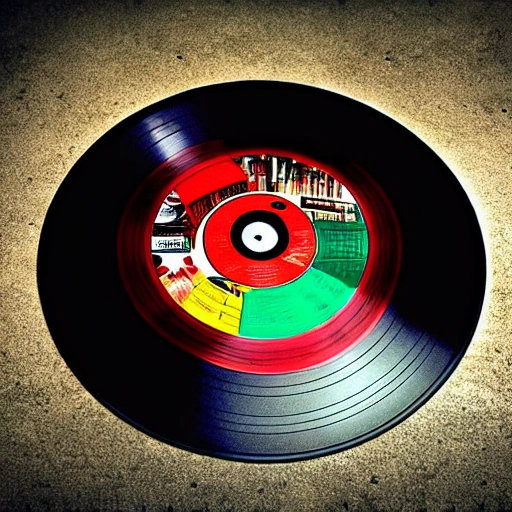 vinyl record realistic on a concrete floor in perspective dark room, 3D