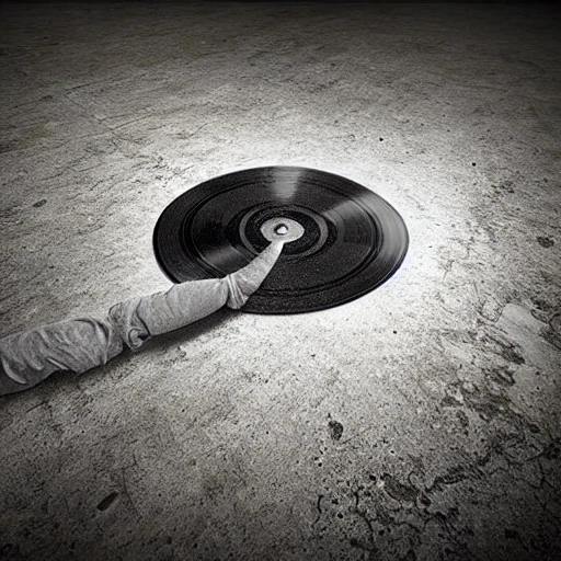 vinyl record realistic on a concrete floor in perspective dark room, 3D, Trippy