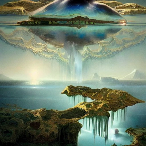 floating islands of water with waterfalls connecting each other, whimsical surrealism, dream recording, deep - space imaging, intricate geometry, fantastical setting, otherwordly, art by salvador dali, by greg rutkowski 