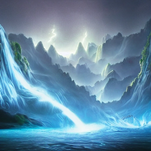 floating mountains of water with waterfalls connecting each other, whimsical surrealism, dream recording, futuristic, deep - space imaging, intricate geometry, fantastical setting, lightning, sparkles