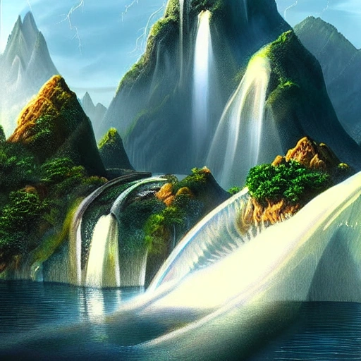 floating mountains of water with waterfalls connecting each other, eggs, dream recording, futuristic, intricate geometry, hyper realistic, fantastical setting, lightning, sparkles