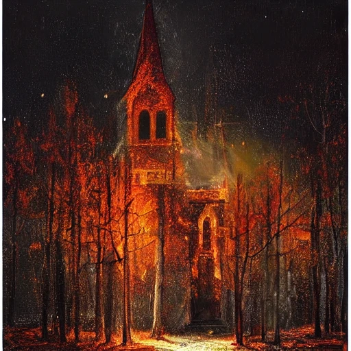 mdjrny-v4 style, church burning in a haunted forest at night, oil painting, highly detailed, hyperrealistic, ultra sharp, cinematic light, elegant, denoise, dramatic lighting, photorealistic, by rk post, Oil Painting