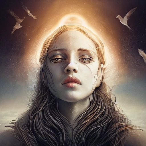 full portrait of  a woman looking at the sky on a sunny day, the shadows of birds projected onto her face, digital art, cinematic light, high dynamic range, insane intricate details, stunning cinema effects, aesthetic, character portrait, Background of sea, birds flying, artwork in the style of Mandy Jurgens, Jon Foster, luis royo