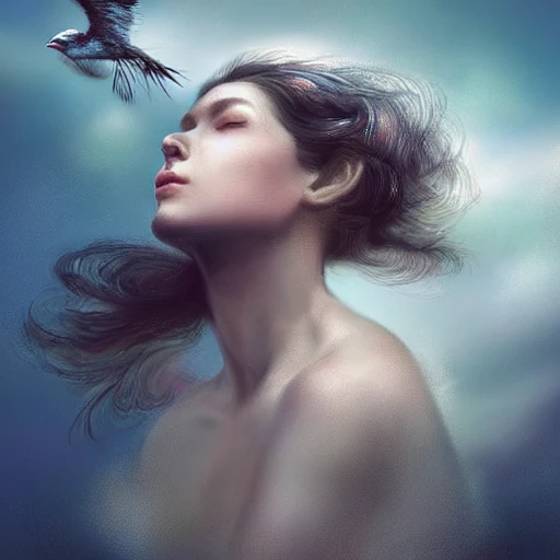 full portrait of  a woman looking at the sky on a sunny day, the shadows of birds projected onto her face, digital art, cinematic light, high dynamic range, insane intricate details, stunning cinema effects, aesthetic, character portrait, Background of sea, birds flying, artwork in the style of Mandy Jurgens, Jon Foster, luis royo