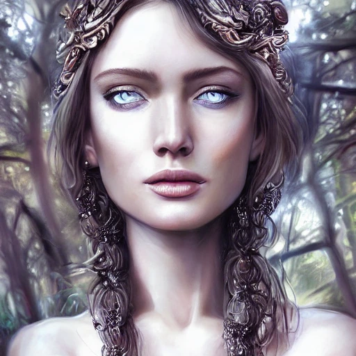hyperrealistic full length portrait of gorgeous goddess, perfect face, perfect eyes, iris,  | standing in a forest | detailed gorgeous face!! | full body!! | skimpy armor | god rays | intricate | elegant | realistic | hyperrealistic | cinematic | character design | concept art | highly detailed | illustration | digital art | digital painting | depth of field