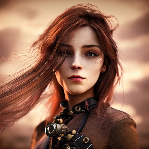 side close up portrait of 1 girl, steampunk, windblown long hair, detailed face, spotlight, steampunk city, multicolored, hyperrealistic, photografic, 8k, epic ambient light, octane render