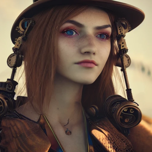 side close up portrait of 1 girl, steampunk, windblown long hair, detailed face, spotlight, steampunk city, multicolored, hyperrealistic, photografic, 8k, epic ambient light, octane render