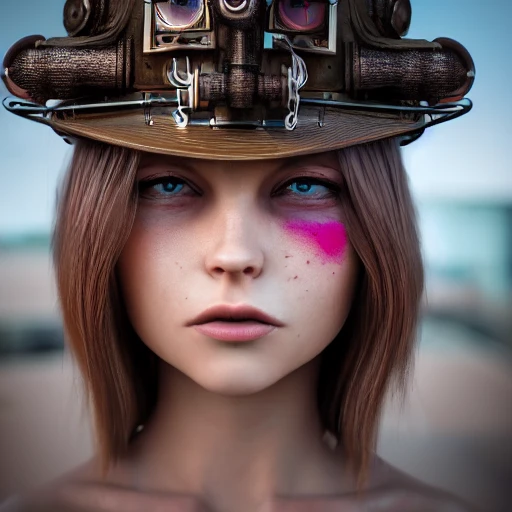 front close up portrait of 1 girl, steampunk, windblown long hair, detailed face, spotlight, steampunk city, multicolored, hyperrealistic, photografic, 8k, epic ambient light, octane render