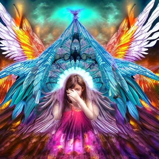 complete an beautifull angel crying with two wings, in a epic church intricate complex defined maximalist photorealistic matte painting, bright colors, 8K resolution, polished ethereal, Trippy