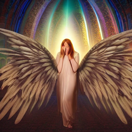 an beautifull angel crying with two wings, in a epic church, intricate ,complex, defined maximalist photorealistic, matte painting, bright colors, 8K resolution, polished ethereal, , Trippy