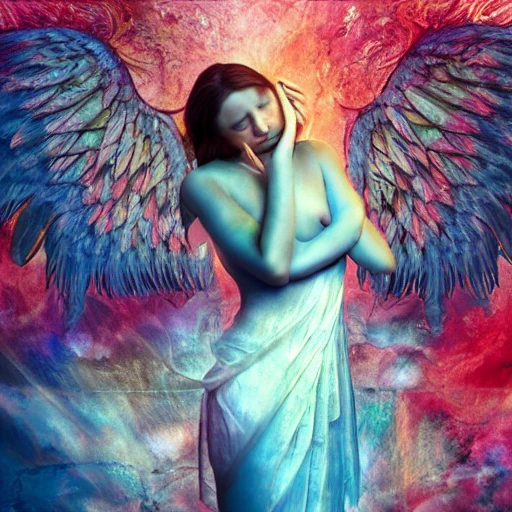 an beautifull angel crying with two wings, in a epic church, intricate ,complex, defined maximalist photorealistic, matte painting, bright colors, 8K resolution, polished ethereal, , Trippy, Cartoon