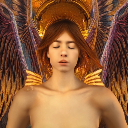 an beautifull angel crying big tears, with two wings, standing in a epic big church, intricate ,complex, defined maximalist photorealistic, matte painting, bright colors, 8K resolution, 