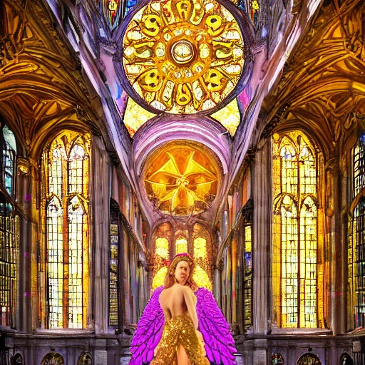 complete beautifull angel with two wings, standing in a epic big church, intricate ,complex, defined maximalist photorealistic, matte painting, bright colors, 8K resolution, 