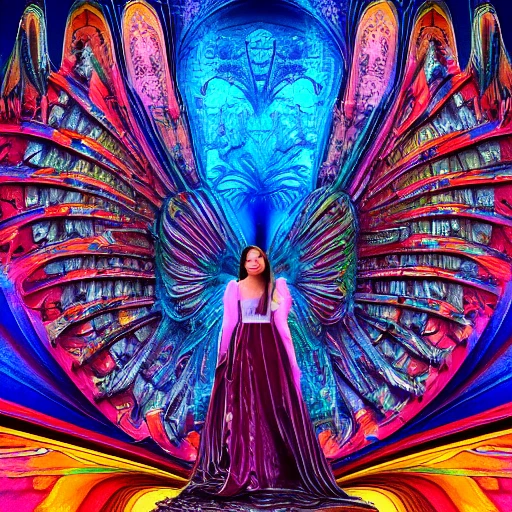 complete beautifull angel with two wings, standing in a epic big church, intricate ,complex, defined maximalist photorealistic, matte painting, bright colors, 8K resolution, , Trippy