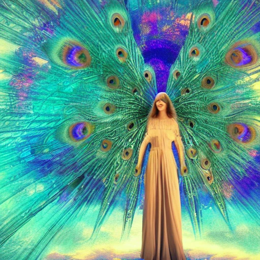 complete beautifull angel with two like a peacock , standing in a epic big church, intricate ,complex, defined maximalist photorealistic, matte painting, bright colors, 8K resolution, , Trippy