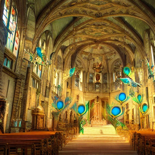 complete beautifull angel with two like a peacock , in a epic big church, intricate ,complex, defined maximalist photorealistic, matte painting, bright colors, 8K resolution