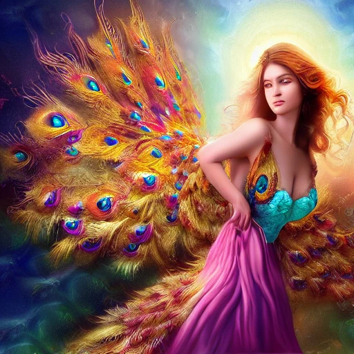 complete beautifull angel with two like a peacock , intricate ,complex, defined maximalist photorealistic, matte painting, bright colors, 8K resolution