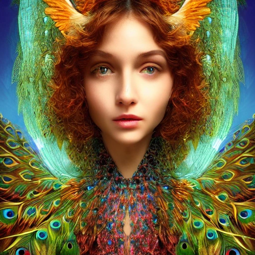 complete beautifull angel with two like a peacock , sad and criyng, intricate ,complex, defined maximalist photorealistic, matte painting, bright colors, 8K resolution