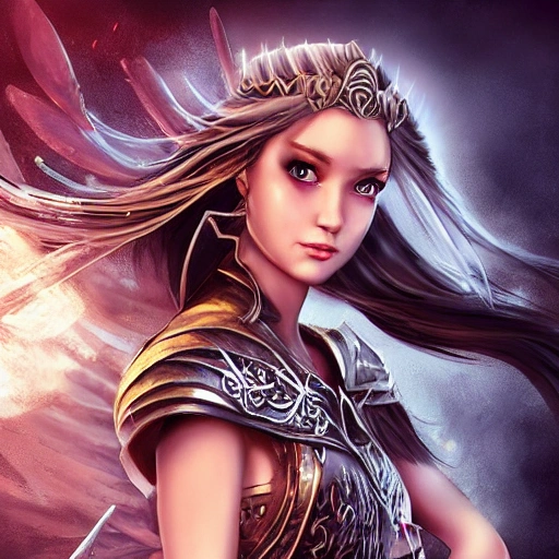 mdjrny-v4 style, princesses fight, Dynamic pose; Artgerm, Wlop, as angel warrior princess; high detailed tanned skin; beautiful long hair, intricately detailed eyes; druidic leather vest; wielding an Axe; Attractive; Flames in background; Lumen Global Illumination, Lord of the Rings, Game of Thrones, Hyper-Realistic, Hyper-Detailed, 8k,