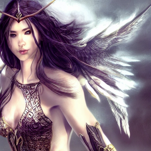 mdjrny-v4 style, angel princesses fight, Dynamic pose; Artgerm, Wlop, as warrior princess; high detailed tanned skin; beautiful long hair, intricately detailed eyes; druidic leather vest; wielding an Axe; Attractive; Flames in background; Lumen Global Illumination, Lord of the Rings, Game of Thrones, Hyper-Realistic, Hyper-Detailed, 8k, Trippy