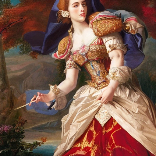 a full vertical portrait of a princesses fight with tunic decorated with fabrics, Dynamic pose; in a epic landscape with a stream, bright colors, 8K resolution,