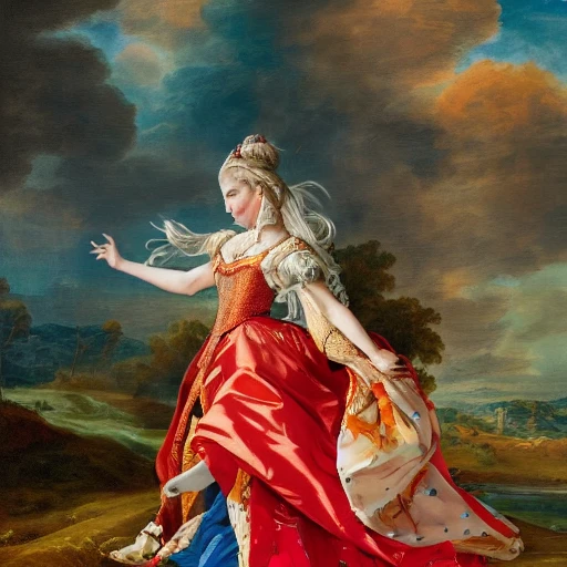 a full vertical portrait of a princesses fight, with tunic decorated with fabrics, Dynamic pose; in a epic landscape with a stream, bright colors, 8K resolution, 