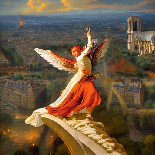 a full vertical portrait of an angel fight, with tunic decorated with fabrics, Dynamic pose; in a epic landscape with Notre-Dame de Paris in background, bright colors, 8K resolution