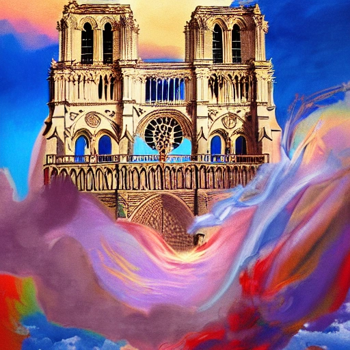 a full vertical portrait of an angel fight, with tunic decorated with fabrics, Dynamic pose; in a epic landscape with Notre-Dame de Paris in background, bright colors, 8K resolution, Oil Painting