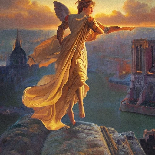 a full vertical portrait of an angel fight, with tunic decorated with fabrics, Dynamic pose; in a epic landscape with Notre-Dame de Paris in background, 8K resolution, Oil Painting