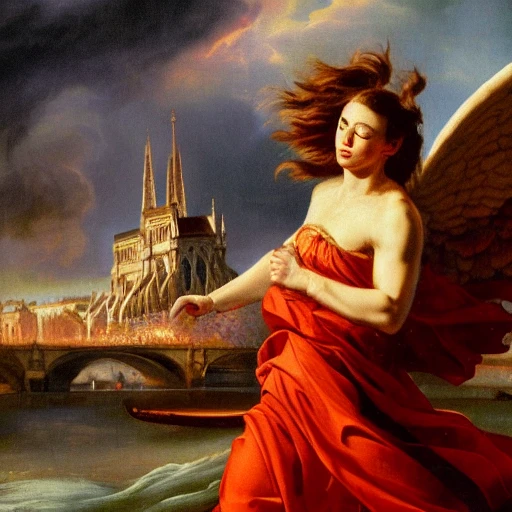 a full portrait of an angel fight, with tunic decorated with fabrics, Dynamic pose; in a epic landscape with Notre-Dame de Paris in background, 8K resolution, Oil Painting