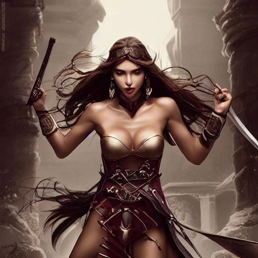 mdjrny-v4 style, princesses fight, Dynamic pose; Artgerm, Wlop, Greg Rutkowski; the perfect mix of Emily Ratajkowski, Ana de Armas, Kate Beckinsale, Kelly Brook and Adriana Lima as warrior princess; high detailed tanned skin; beautiful long hair, intricately detailed eyes; druidic leather vest; wielding an Axe; Attractive; Flames in background; Lumen Global Illumination, Lord of the Rings, Game of Thrones, Hyper-Realistic, Hyper-Detailed, 8k,