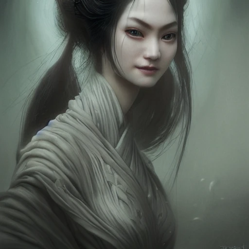 elden ring style, Beautiful smiling Geisha, perfect milky white skin, intricate, elegant, highly detailed, trending on artstation, by Tom Bagshaw and Seb McKinnon, ultra detailed, hyper-realistic, cinematic, dramatic lighting, volumetric lighting, 150mm, octane render, photorealistic, denoise, photograph with a Hasselblad H3DII