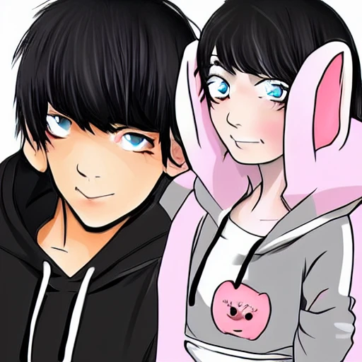 Black-haired guy, anime, in a black hoodie, gray eyes, with pink rabbit ears, Trippy