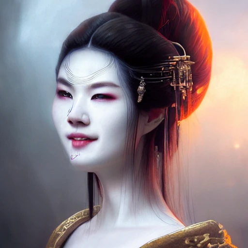 elden ring style, Beautiful smiling Geisha, perfect milky white skin, intricate, elegant, highly detailed, trending on artstation, by Tom Bagshaw and Seb McKinnon, ultra detailed, hyper-realistic, cinematic, dramatic lighting, volumetric lighting, 150mm, octane render, photorealistic, denoise, photograph with a Hasselblad H3DII