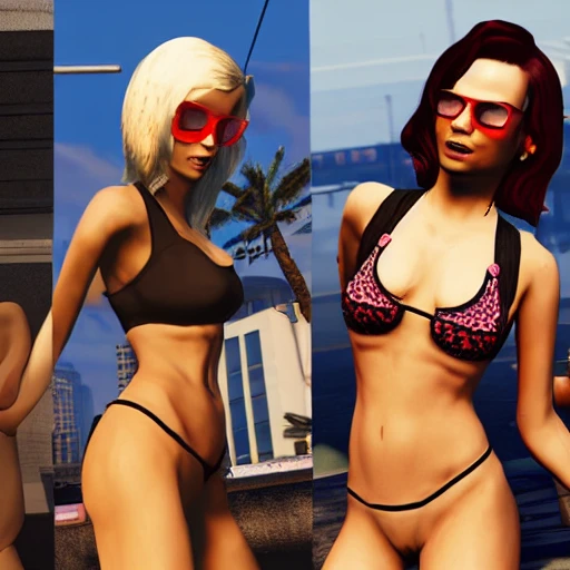 snthwve style:0.05, nvinkpunk:1.8, (GTA 5), Characters committing crimes, Detailed and Intricate, beautiful women in bikinis, big guns, gangsters wearing glasses, micro-details, extremely detailed, epic, ultra detailed, proportional, award-winning, clean, gorgeous, powerful, refreshing, beautiful lighting, trend on artstation, trend on pixiv, vivid, dynamic, intricate, high quality, detailed, lush, strong lines